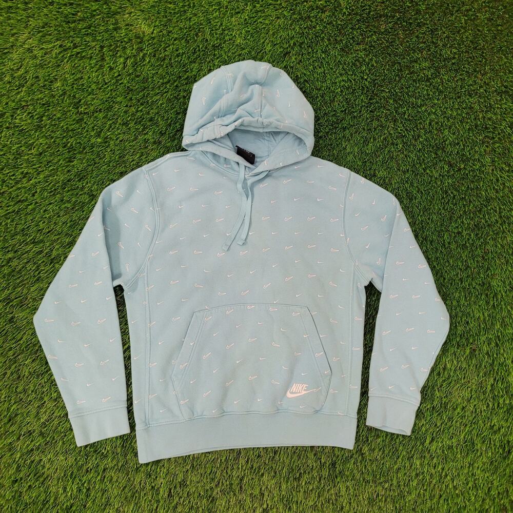 NIKE Swoosh All-Over-Print Hoodie Small 21x24 Blue Baggy Crop